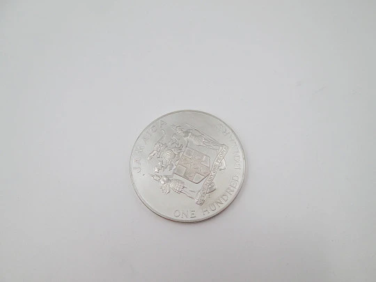 One hundred dollar coin Mexico 1986 World Cup. Fine sterling silver. Jamaica