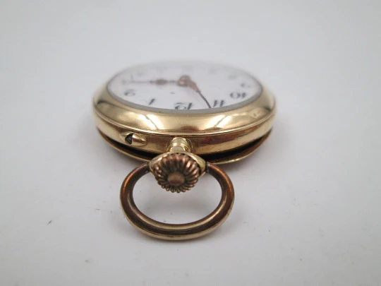 Open-face pocket watch. 14k yellow gold. and blue enamel. Stem-wind. Swiss. 1920's