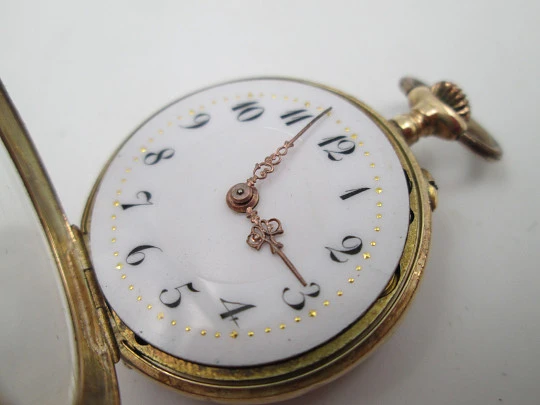 Open-face pocket watch. 14k yellow gold. and blue enamel. Stem-wind. Swiss. 1920's