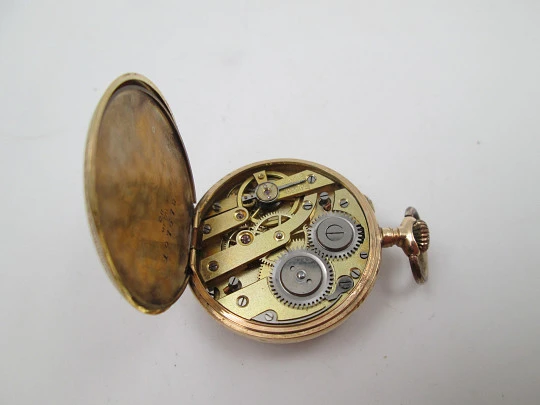 Open-face pocket watch. 14k yellow gold. and blue enamel. Stem-wind. Swiss. 1920's