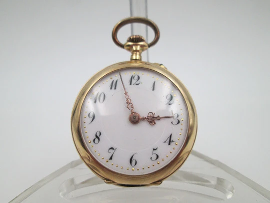 Open-face pocket watch. 14k yellow gold. and blue enamel. Stem-wind. Swiss. 1920's