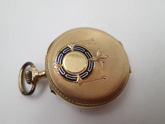 Open-face pocket watch. 14k yellow gold. and blue enamel. Stem-wind. Swiss. 1920's