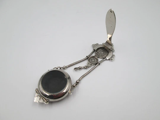 Openwork chatelaine with three bodies. Silver plated. Belt hook and pocket watch holder