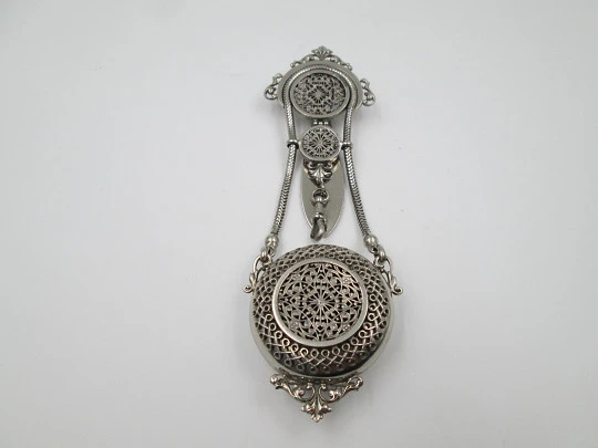 Openwork chatelaine with three bodies. Silver plated. Belt hook and pocket watch holder