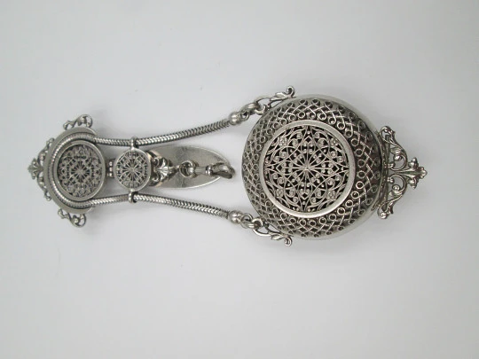 Openwork chatelaine with three bodies. Silver plated. Belt hook and pocket watch holder