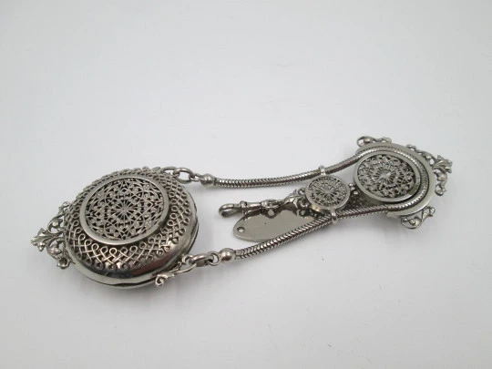 Openwork chatelaine with three bodies. Silver plated. Belt hook and pocket watch holder