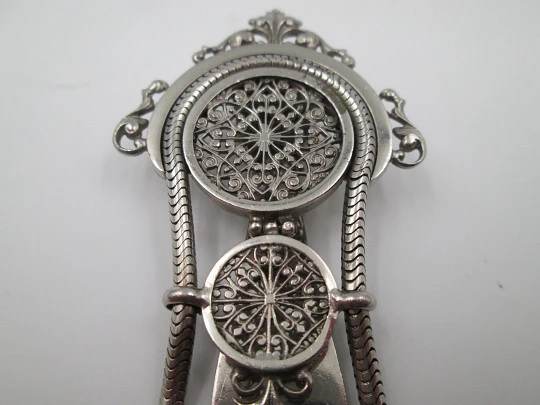 Openwork chatelaine with three bodies. Silver plated. Belt hook and pocket watch holder