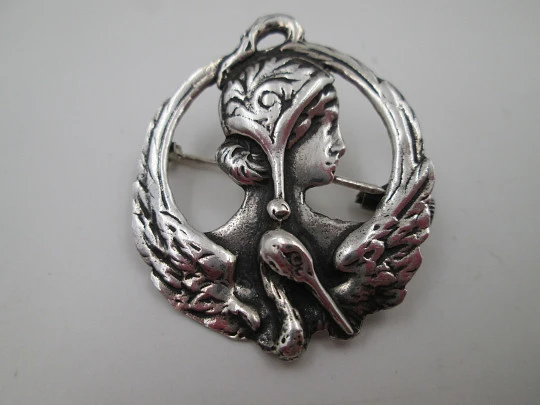 Openwork sterling silver pendant brooch women's bust. Ring and pin. Europe. 1960's