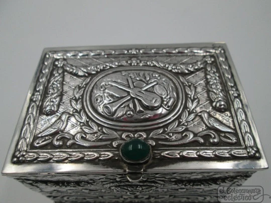 Ornate desk jewellery box. Sterling silver. Green stone. Alfredo Alvarez silversmith