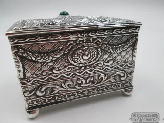 Ornate desk jewellery box. Sterling silver. Green stone. Alfredo Alvarez silversmith