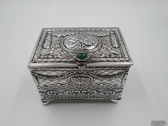 Ornate desk jewellery box. Sterling silver. Green stone. Alfredo Alvarez silversmith