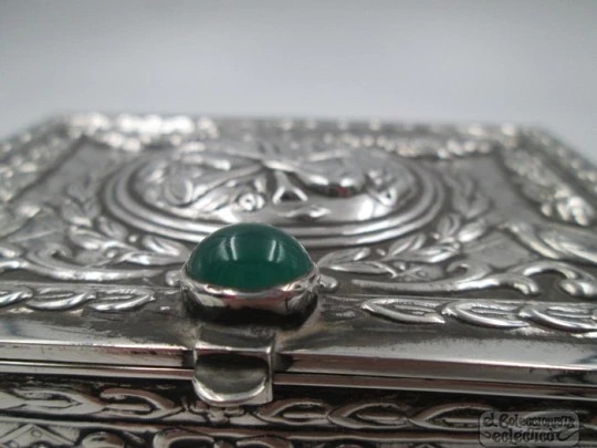 Ornate desk jewellery box. Sterling silver. Green stone. Alfredo Alvarez silversmith