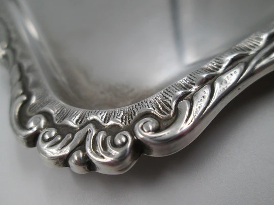 Ornate small tray. Sterling silver. Vegetable motifs and scrolls edge. Spain. 1970's