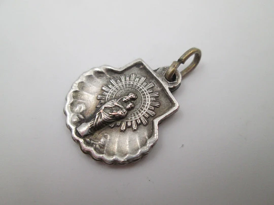 Our Lady of Pilar shell medal. Sterling silver. Handle and ring on top. Spain. 1970's