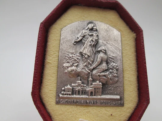 Our Lady of the Guard travel chapel (Genoa). Silver plated metal relief plaque. 1940's