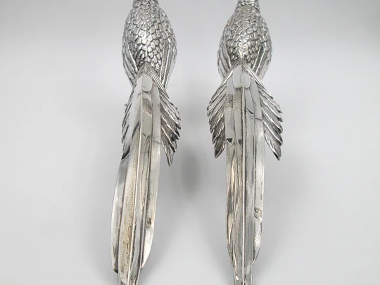 Pair of ornamental pheasants. 925 thousandths sterling silver. Spain. 1970's