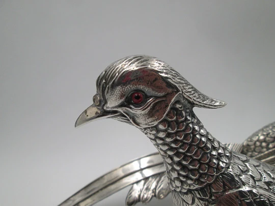 Pair of ornamental pheasants. 925 thousandths sterling silver. Spain. 1970's