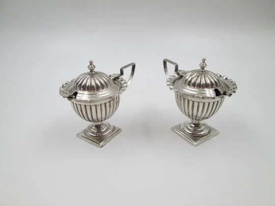 Pareja saleros. Jarras con tapas y cucharas. Diseño gallones. Plata de ley. España. 1980