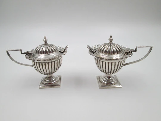 Pareja saleros. Jarras con tapas y cucharas. Diseño gallones. Plata de ley. España. 1980