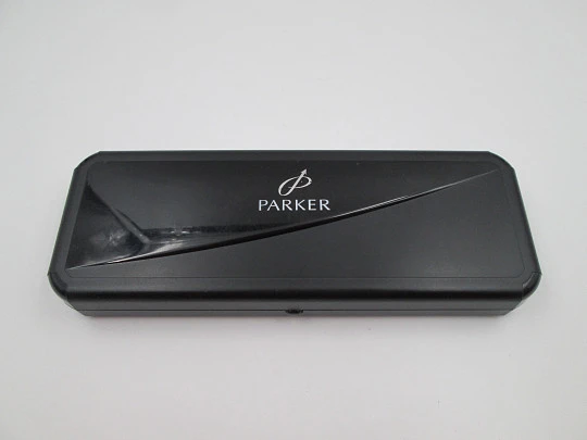 Parker 45 Flighter fountain pen and ballpoint set. Stainless steel & gold plated details. Box