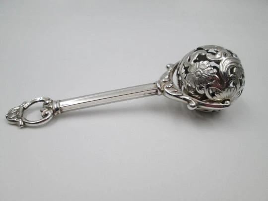 Pedro Duran baby rattle. 925 sterling silver. Flowers & vegetable motifs. Spain. 1990's