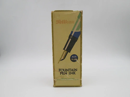 Pelikan blue black ink bottle. Crystal and dark resin lid. Original carboard box. 1980's