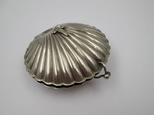 Pilgrim's shell travel metal box with sterling silver medals rosary. Spain. 1980's