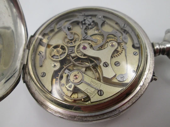 Pocket chronograph. Silver plated. Stem-wind / pin-set. Tachymeter scale. Swiss. 1890's