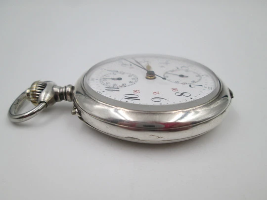 Pocket chronograph. Silver plated. Stem-wind / pin-set. Tachymeter scale. Swiss. 1890's