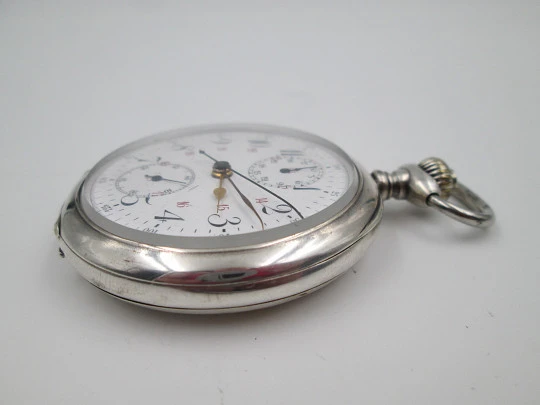 Pocket chronograph. Silver plated. Stem-wind / pin-set. Tachymeter scale. Swiss. 1890's