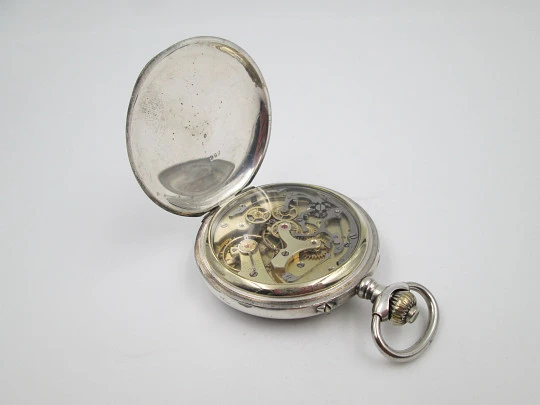 Pocket chronograph. Silver plated. Stem-wind / pin-set. Tachymeter scale. Swiss. 1890's