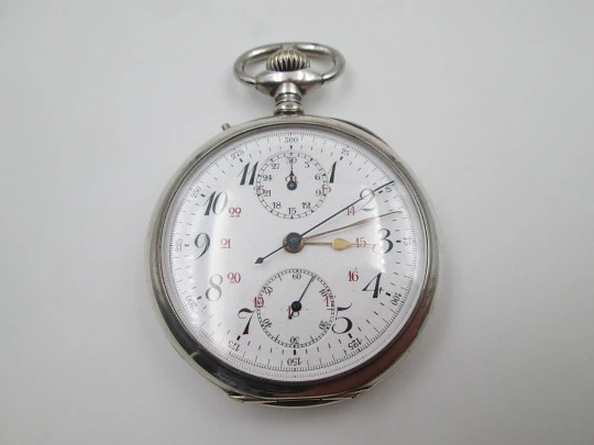 Pocket chronograph. Silver plated. Stem-wind / pin-set. Tachymeter scale. Swiss. 1890's