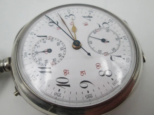 Pocket chronograph. Silver plated. Stem-wind / pin-set. Tachymeter scale. Swiss. 1890's