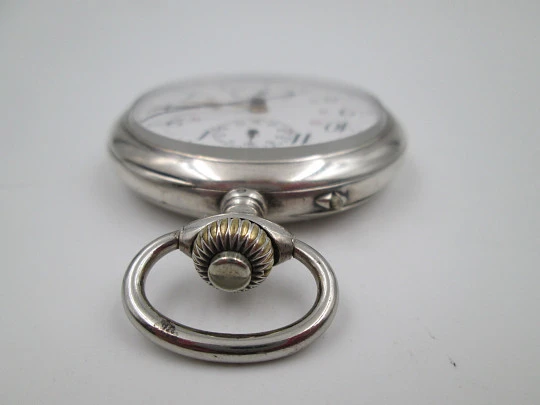 Pocket chronograph. Silver plated. Stem-wind / pin-set. Tachymeter scale. Swiss. 1890's