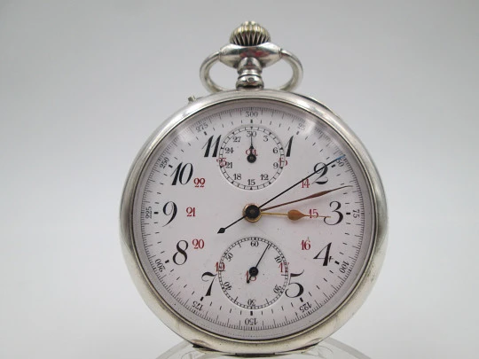 Pocket chronograph. Silver plated. Stem-wind / pin-set. Tachymeter scale. Swiss. 1890's