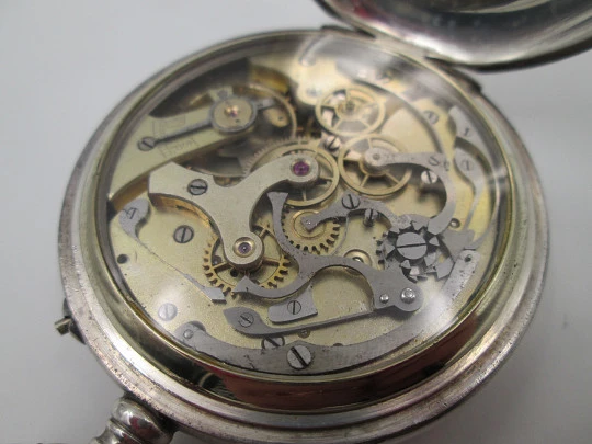 Pocket chronograph. Silver plated. Stem-wind / pin-set. Tachymeter scale. Swiss. 1890's