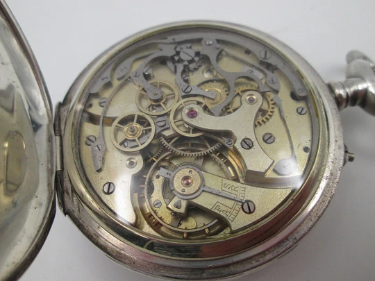 Pocket chronograph. Silver plated. Stem-wind / pin-set. Tachymeter scale. Swiss. 1890's