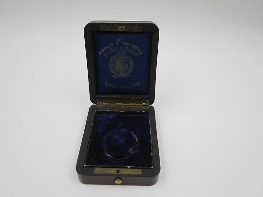 Pocket watch box. Walnut wood and bronze details. Blue velvet and silk. Swiss. 1900's