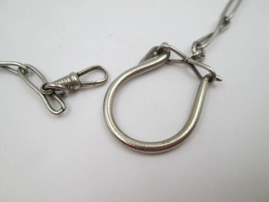 Pocket watch chain. Silver plated metal. Braided and smooth links. Hook & carabiner