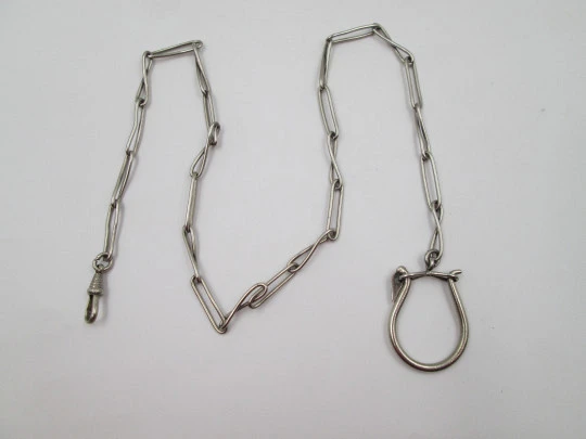 Pocket watch chain. Silver plated metal. Braided and smooth links. Hook & carabiner