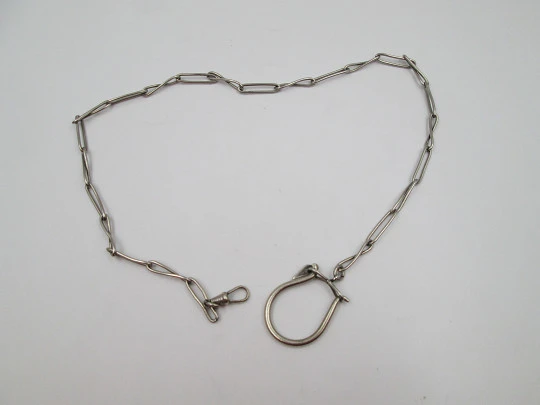 Pocket watch chain. Silver plated metal. Braided and smooth links. Hook & carabiner