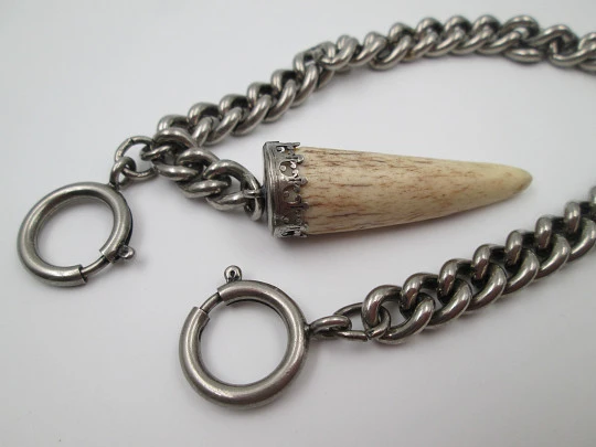 Pocket watch curb link chain. Silver plated metal. Horn pendant. Spring ring clasp. 1940's