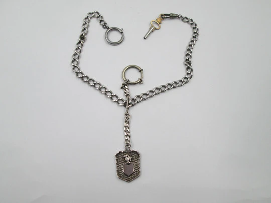 Pocket watch curb link chain. Sterling silver. Shield pendant. Spring ring clasp & key. 1900's