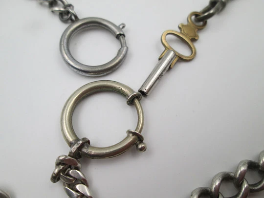 Pocket watch curb link chain. Sterling silver. Shield pendant. Spring ring clasp & key. 1900's