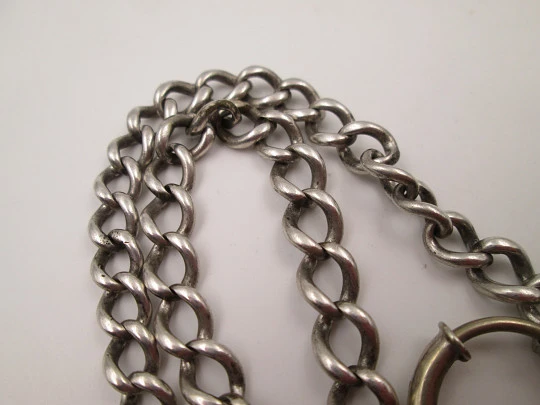 Pocket watch curb link chain. Sterling silver. Shield pendant. Spring ring clasp & key. 1900's