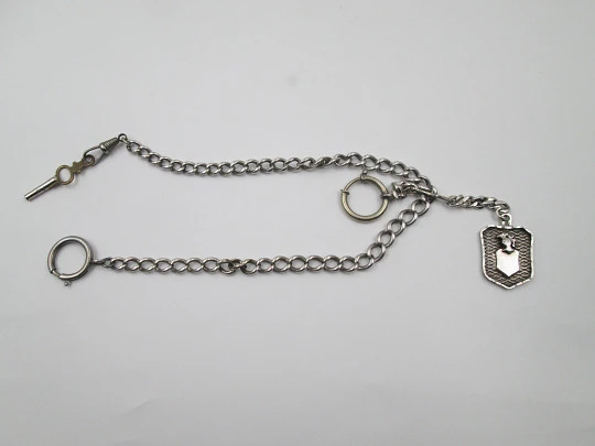 Pocket watch curb link chain. Sterling silver. Shield pendant. Spring ring clasp & key. 1900's