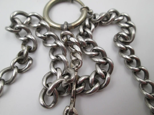 Pocket watch curb link chain. Sterling silver. Shield pendant. Spring ring clasp & key. 1900's