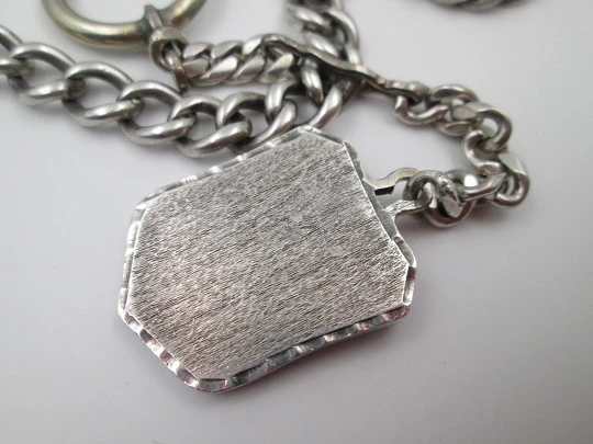 Pocket watch curb link chain. Sterling silver. Shield pendant. Spring ring clasp & key. 1900's