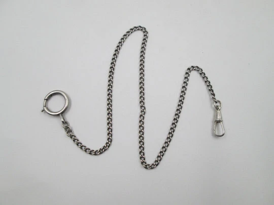 Pocket watch curb link chain. Sterling silver. Spring ring clasp and carabiner. 1930's