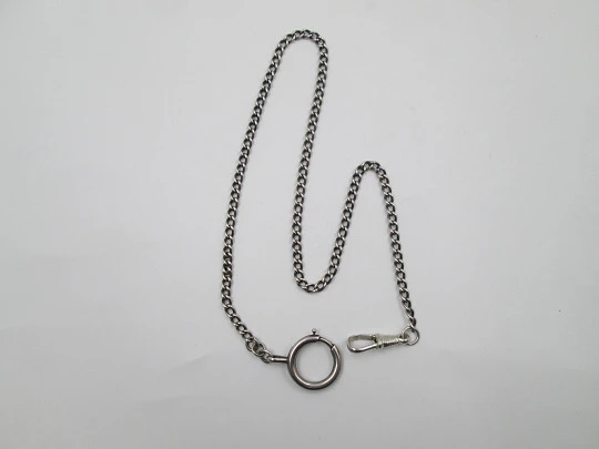 Pocket watch curb link chain. Sterling silver. Spring ring clasp and carabiner. 1930's